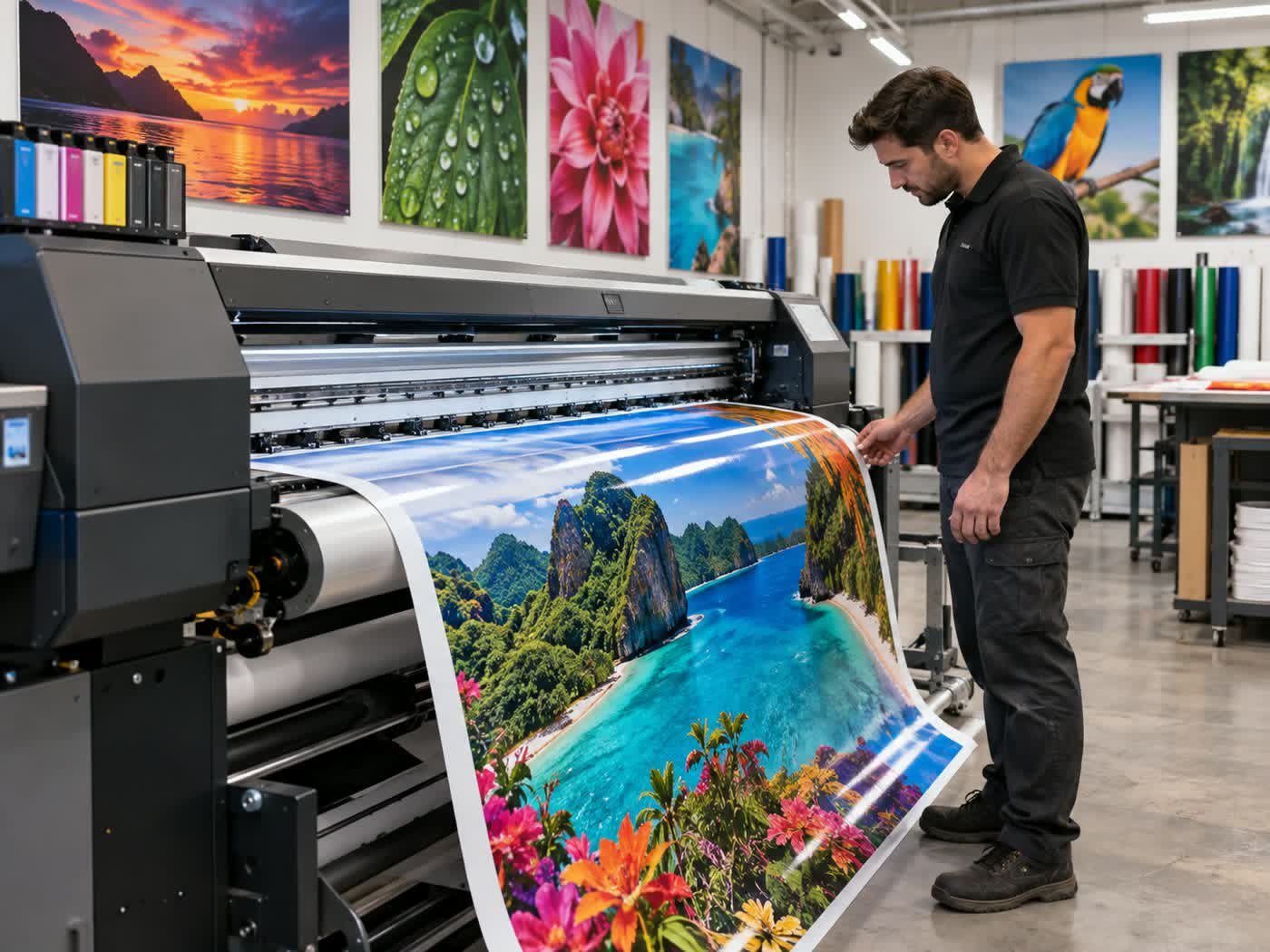 Plotter ecosolvente imprimindo lona