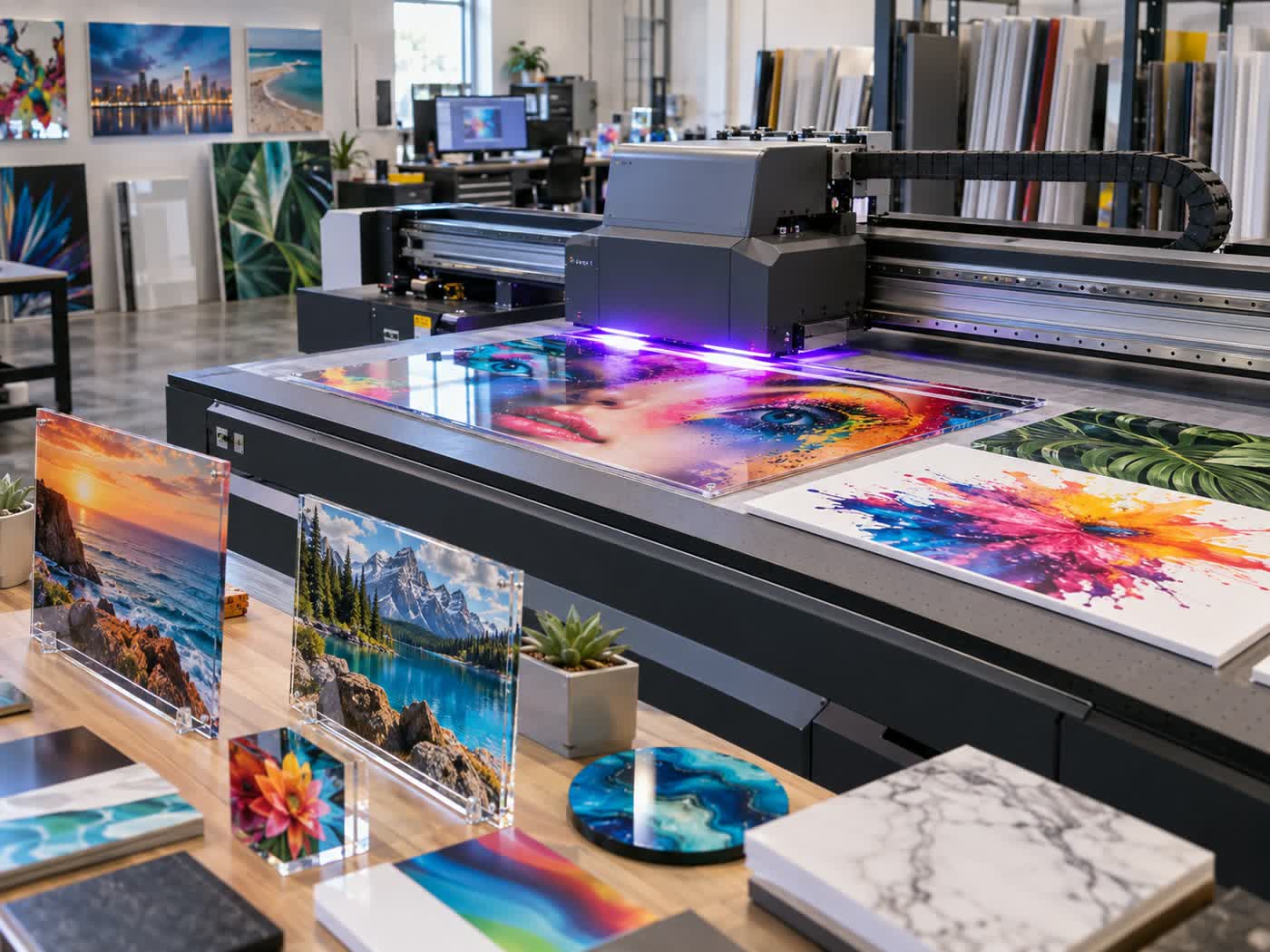Impressora UV imprimindo em acrílico